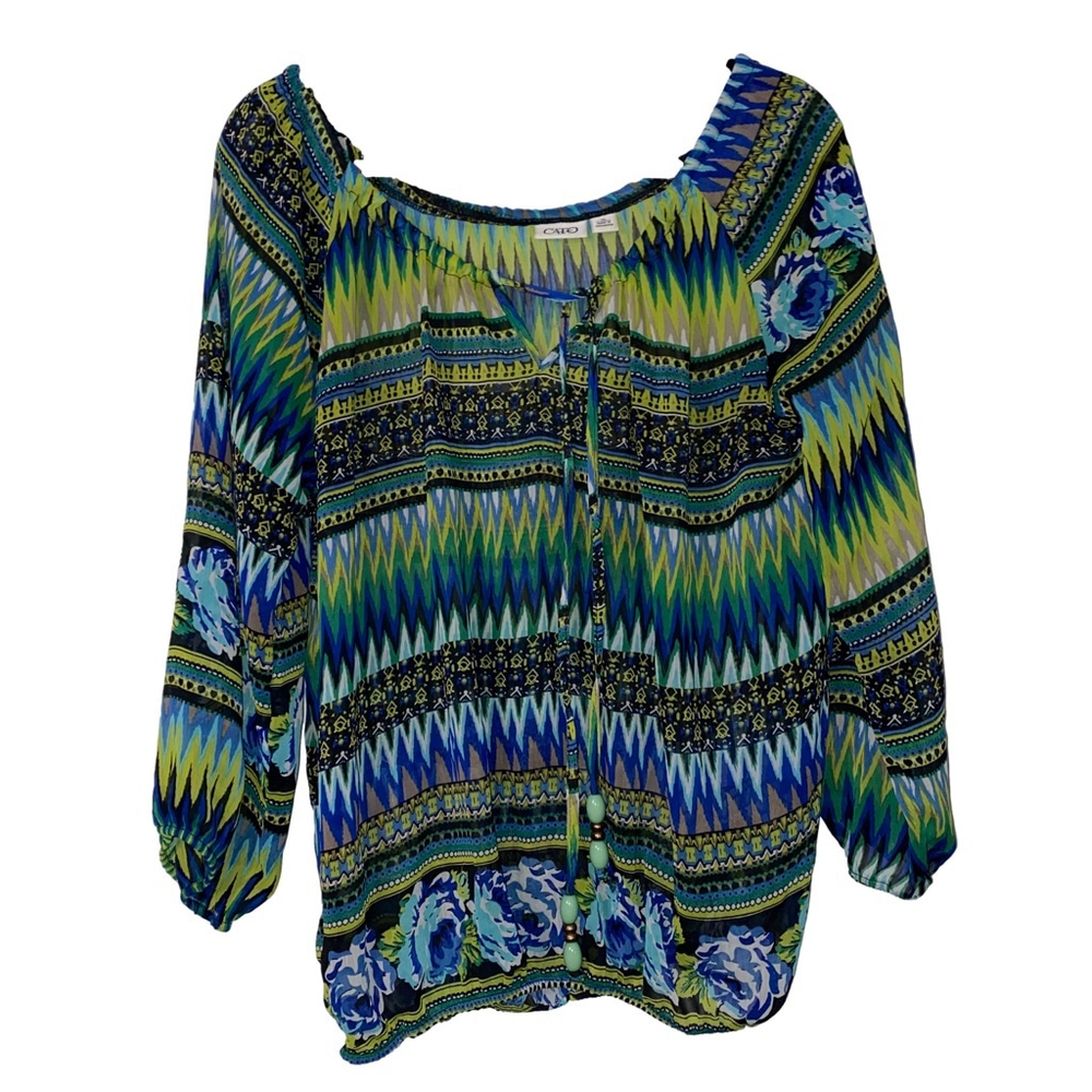 Women's Cato Abstract Geometric Sheer Blouse, XL, Blue and Green with beaded Tie